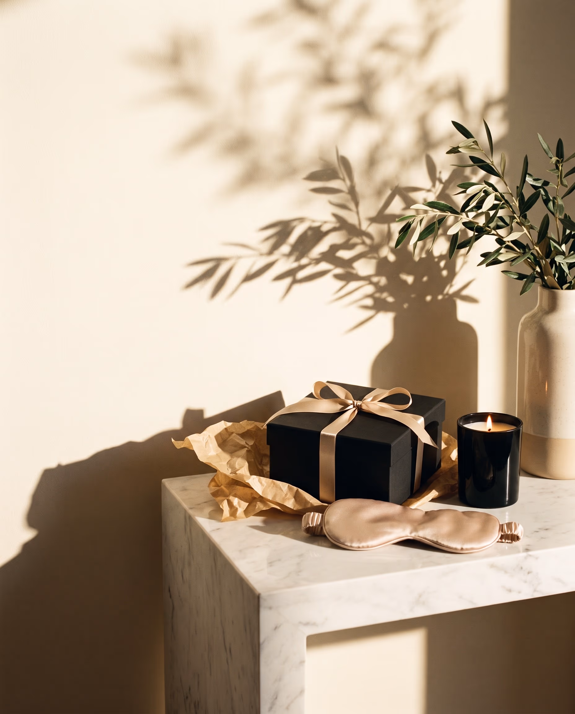Sur une console de marbre blanc baignée de soleil, un coffret noir noué d’un ruban champagne, une bougie, un masque de nuit en soie et une branche d’olivier