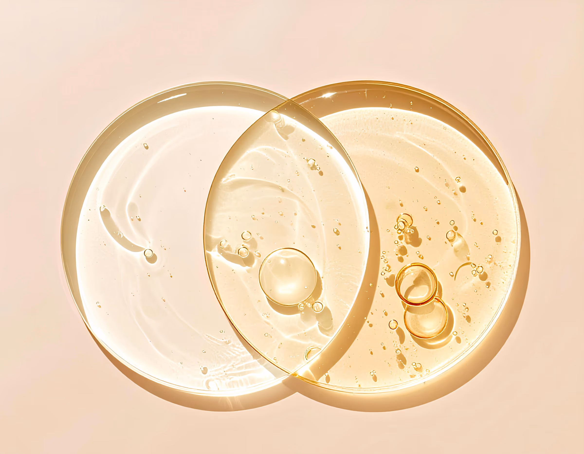 Deux flaques de gel et d’huile transparents qui se chevauchent sur fond beige rosé, vues du dessus