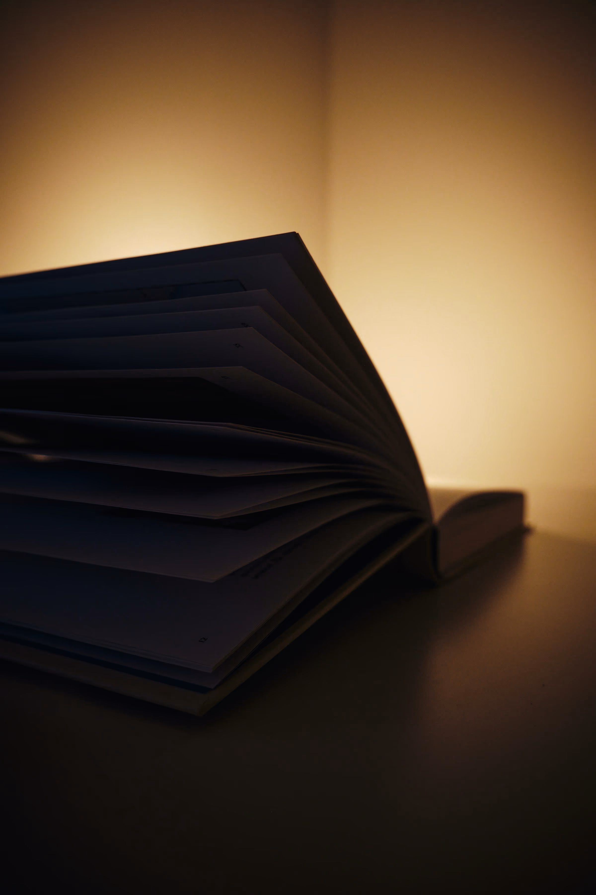 Livre ouvert aux pages soulevées, à contre-jour devant le halo chaud d’une lampe, dans la pénombre