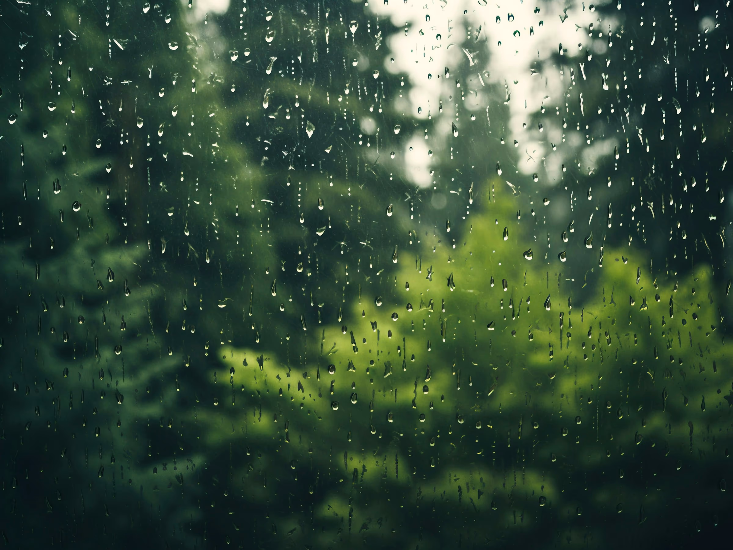 Vitre constellée de gouttes de pluie devant une pièce calme et tamisée, propice à un moment de repos