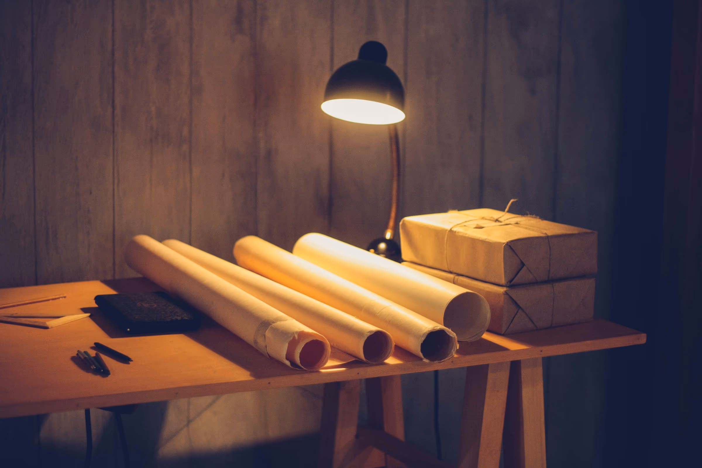 Bureau en bois éclairé par une lampe, avec des rouleaux de papier, deux colis en papier kraft ficelés, un carnet noir et des stylos